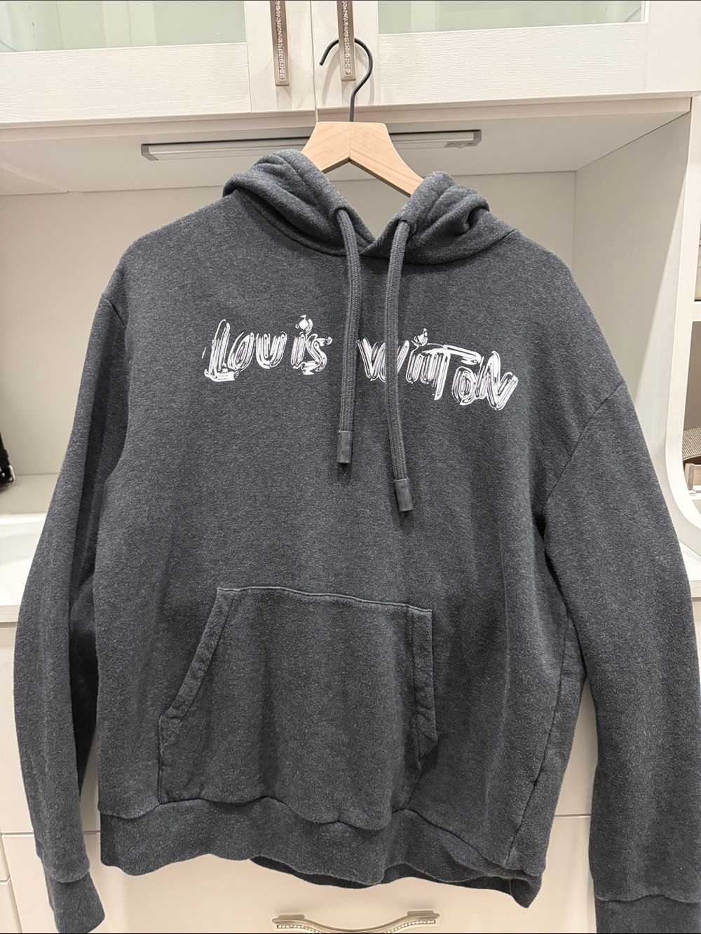Louis Vuitton Dark Gray graphic cursive logo Crewneck Hoodie with White Logo